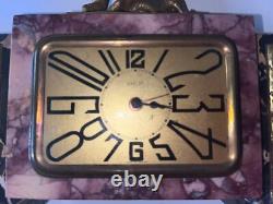 FRATIN/DEP Art Deco Clock in Bronze and Marble. Bear Fight with Dagger Signed