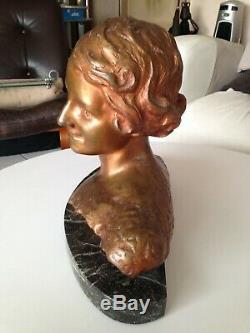 Female Bust Sculpture Bronze Art Deco Marble Pedestal Signed
