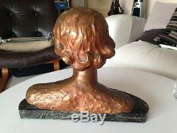 Female Bust Sculpture Bronze Art Deco Marble Pedestal Signed