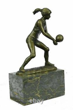Female Volley-ball Bronze Player Sculpture Signed Olympic Marble Figure Sport