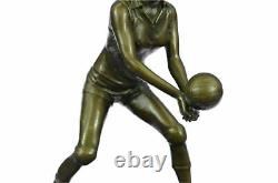 Female Volley-ball Bronze Player Sculpture Signed Olympic Marble Figure Sport