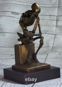 Fine Art Bronze Sculpture Skeleton Thinker Marble Base Signed Milo Decor