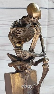 Fine Art Bronze Sculpture Skeleton Thinker Marble Base Signed Milo Decor