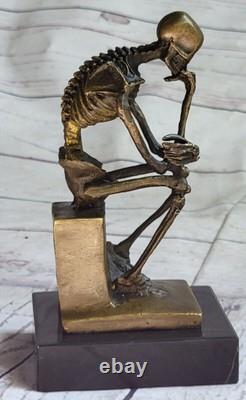 Fine Art Bronze Sculpture Thinker Skeleton Marble Base Signed Milo Decor
