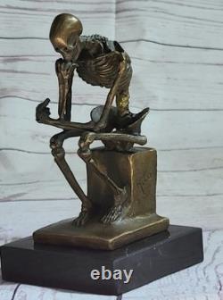 Fine Art Sculpture Bronze Thinker Skeleton Marble Base Signed Milo Opens Decor