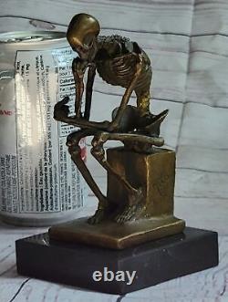 Fine Arts Sculpture Bronze Skeleton Thinker Marble Base Signed Milo