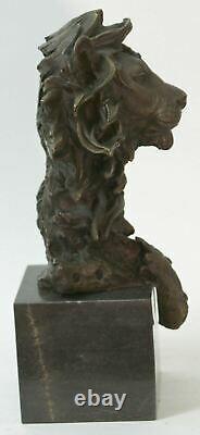 Font Sculpture Signed Bronze Royal Lion Head Statue Sculpture Bust Marble Base