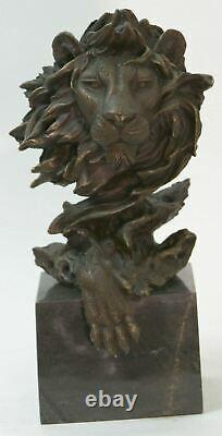 Font Sculpture Signed Bronze Royal Lion Head Statue Sculpture Bust Marble Base