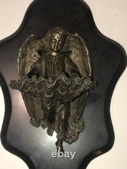 Former Bronze Benitier And Marble Angel Signed Dumaige
