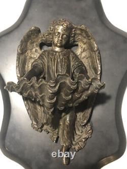 Former Bronze Benitier And Marble Angel Signed Dumaige