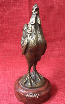 Former Rare Coq Bronze Golden Patina On Marble Base Signed Cherry El Delacour