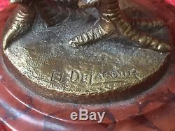 Former Rare Coq Bronze Golden Patina On Marble Base Signed Cherry El Delacour