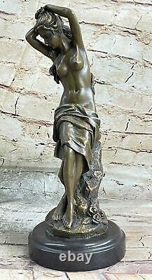 French Signed The Fair Maiden Bronze Sculpture Art Deco Marble Base Statue