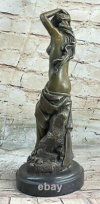 French Signed The Fair Maiden Bronze Sculpture Art Deco Marble Base Statue