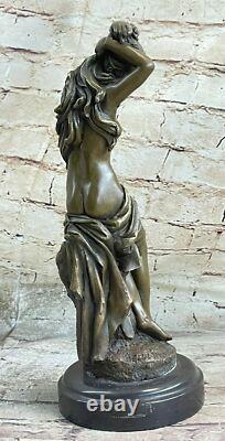 French Signed The Maiden Fair Bronze Sculpture Art Deco Marble Base Statue