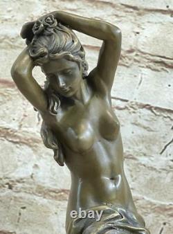 French Signed The Maiden Fair Bronze Sculpture Art Deco Marble Base Statue