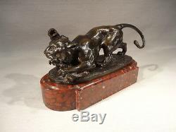G. Engrand Early Bronze Panther Wildlife Monkey Gruet Foundry Marble Pedestal