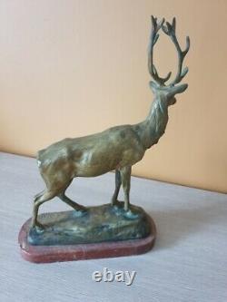 Georges Gardet Patinated Bronze Sculpture Deer Signed Marble Base Proof