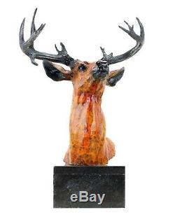 Grand Cerf Bust Bronze Figure On Marble Signed Happiness