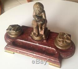 Grand Inkwell Bronze And Marble Putti Mouse Lemire Signed Susse Fréres