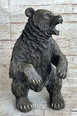 Grand Signed Art Deco Black Bear Bronze Sculpture Marble Statue Figurine