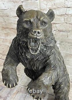 Grand Signed Art Deco Black Bear Bronze Sculpture Marble Statue Figurine