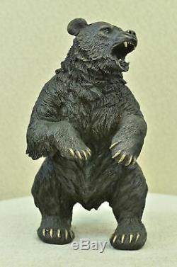 Grand Signed Art Deco Black Bear Sculpture Bronze Statue Marble Figurine