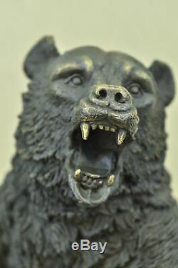 Grand Signed Art Deco Black Bear Sculpture Bronze Statue Marble Figurine