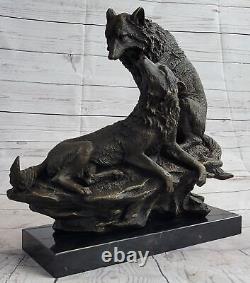 Great Signed Fratin Two Wolves Wolf Bronze Sculpture Marble Base Figurine Art