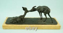 Guido Cacciapuoti rare sculpture bronze pair of marble bases chamois Italy