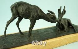 Guido Cacciapuoti rare sculpture bronze pair of marble bases chamois Italy