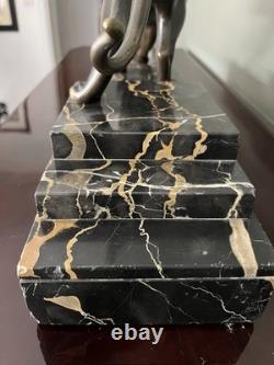 H. Molins Signed Bronze Panther Sculpture on a Veined Black Marble Base