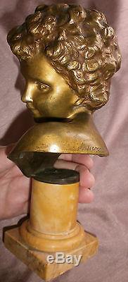 H Moreau According Bourguereau Gilt Bronze On Marble Column Child Apollo Bust