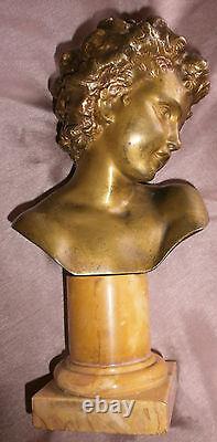 H Moreau After Bourguereau Bronze Gilded On Marble Column Bust Apollo Child