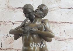 Handcrafted Signed Artisanal Depict of Two Men Bronze Sculpture Marble Base Nude Figurine