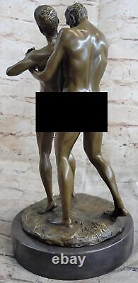 'Handcrafted Signed Depict Artisanal Bronze Sculpture of Two Men on Marble Base Nude Figurine'