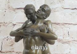 Handcrafted Signed Depiction of Two Men Bronze Sculpture on Marble Base Chair Artwork