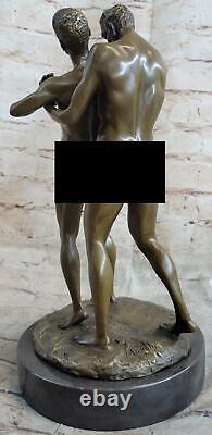 Handcrafted Signed Depiction of Two Men Bronze Sculpture on Marble Base Chair Artwork