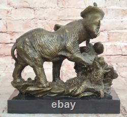 Handmade Bronze Sculpture for Sale, Marble Faun Baby with Elephant, Signed Barye