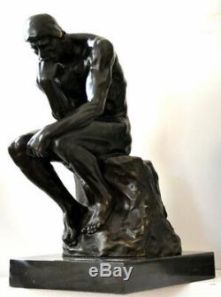 Handmade Large Bronze Sculpture Signed The Thinker Rodin On Marble Plate