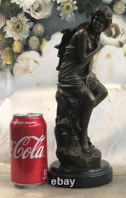 Handmade Signed Moreau, Bronze Female Angel Chair Statue Marble Nr