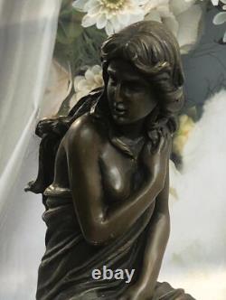 Handmade Signed Moreau, Bronze Female Angel Chair Statue Marble Nr