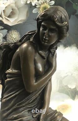 Handmade Signed Moreau, Bronze Female Angel Statue Art Marble Nr