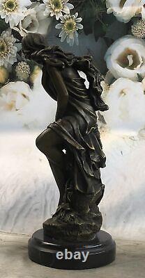 Handmade Signed Moreau, Bronze Female Angel Statue Art Marble Nr