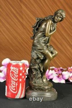 Handmade Signed Moreau, Female Nude Angel Bronze Statue Marble Figurine