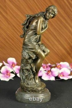 Handmade Signed Moreau, Female Nude Angel Bronze Statue Marble Figurine