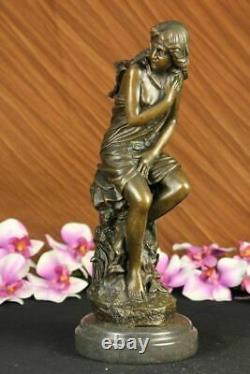 Handmade Signed Moreau, Female Nude Angel Bronze Statue Marble Figurine