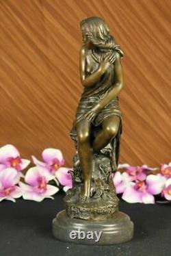 Handmade Signed Moreau, Female Nude Angel Bronze Statue Marble Figurine