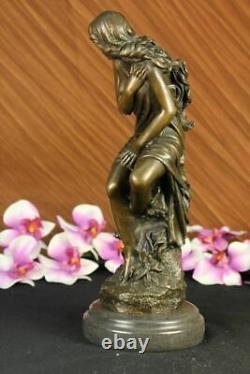 Handmade Signed Moreau, Female Nude Angel Bronze Statue Marble Figurine