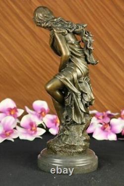 Handmade Signed Moreau, Female Nude Angel Bronze Statue Marble Figurine